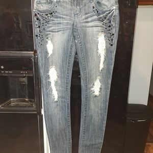 BONGO Women's Distressed Blue Skinny Jeans with Black Accents